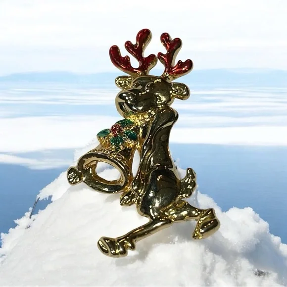 Festive Gold Reindeer Brooch with Red and Green Accents - Picture 1 of 7
